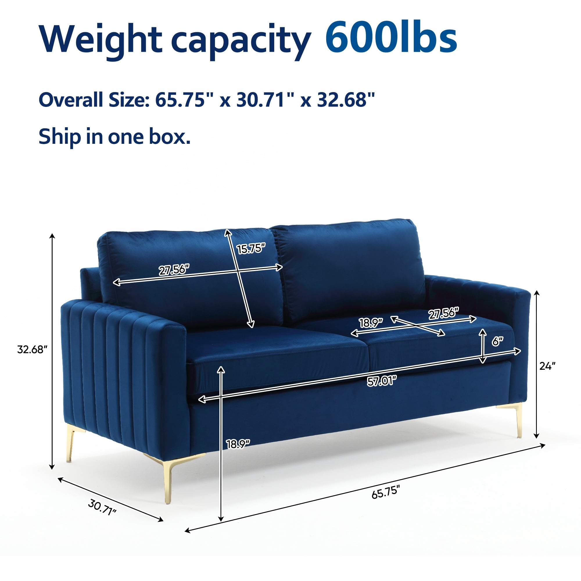 Lunale 65" Loveseat Sofa, Deep Seat Cloud Couch, Modern Velvet Living Room Sofa, Navy Blue