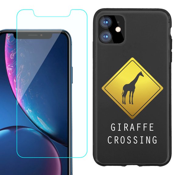 For Apple iPhone 11 Phone Case , Slim-Fit TPU Protective Case (Black), with Tempered Glass Screen Protector, by OneToughShield ® - Road Sign Giraffe