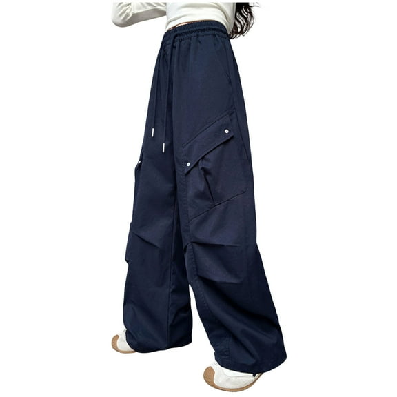Staki Girls Wide Leg Sweatpants Lightweight Silky Jogger Pants for Girls Kids & Toddler Warm Weather Cargo Loose High Waisted Pants(Navy,15-16 Years)