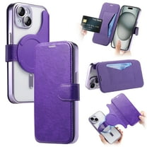 Dteck Detachable Wallet Case for iPhone 15,Magnetic Leather Card Slot Wallet Case Removable Plating TPU Case Built-in Camera Lens Protector Compatible with MagSafe Kickstand Cover,Purple