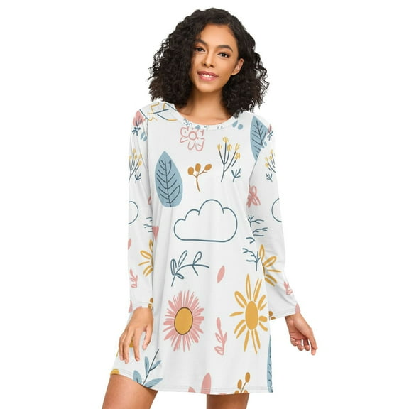 FORMRS Womens Long Sleeve Nightgowns Crew Neck Sleep Shirt Soft Pajamas Sizes S-3XL, Cartoon Doodles