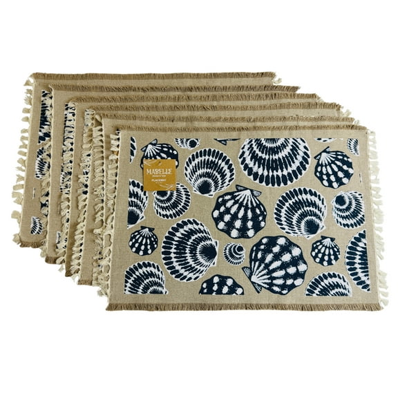 Serafina Home Rustic Nautical Placemats, Set of Six (6) Faux Burlap Weave Fabric with Fringe, for Kitchen Table, Patio, Holidays, Guests for Summer Fun (Sea Shell)