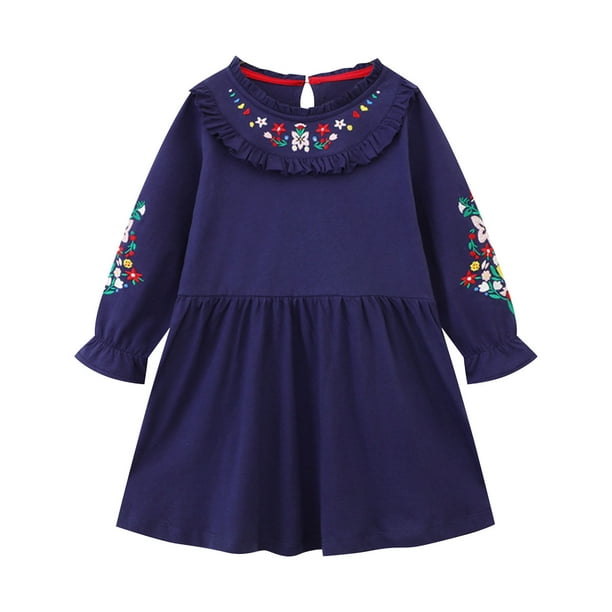 Odeerbi Niñas de Manga Larga Vestidos Bordados Florales Primavera Otoño Vestido de Algodón Niños Flor Imprimir Ruffle Dress