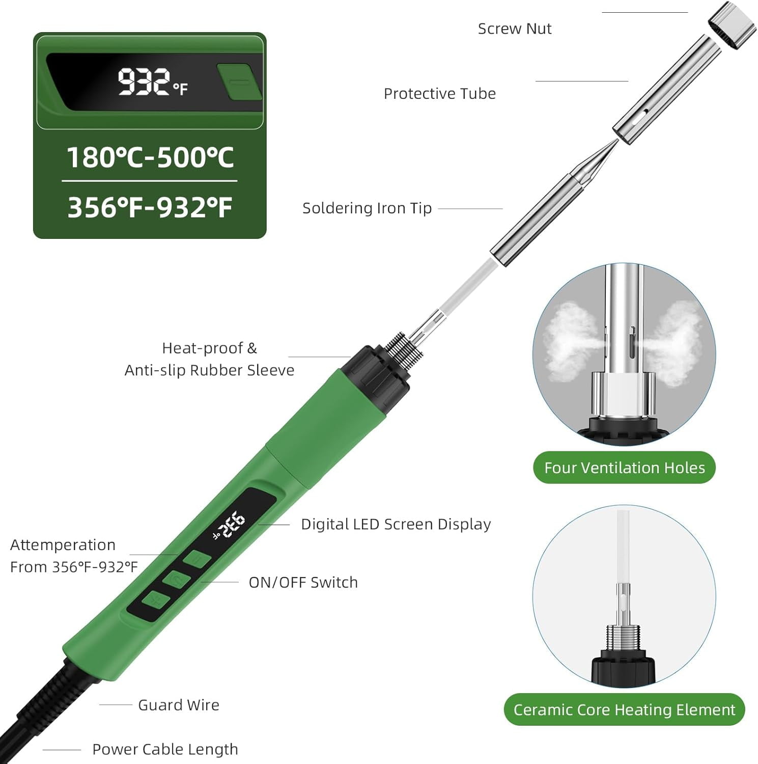 190 soldering iron set, 110 electronic soldering set, adjustable temperature 356-932℉, including solder wire, tweezers, stand, sponge and solder paste, military green