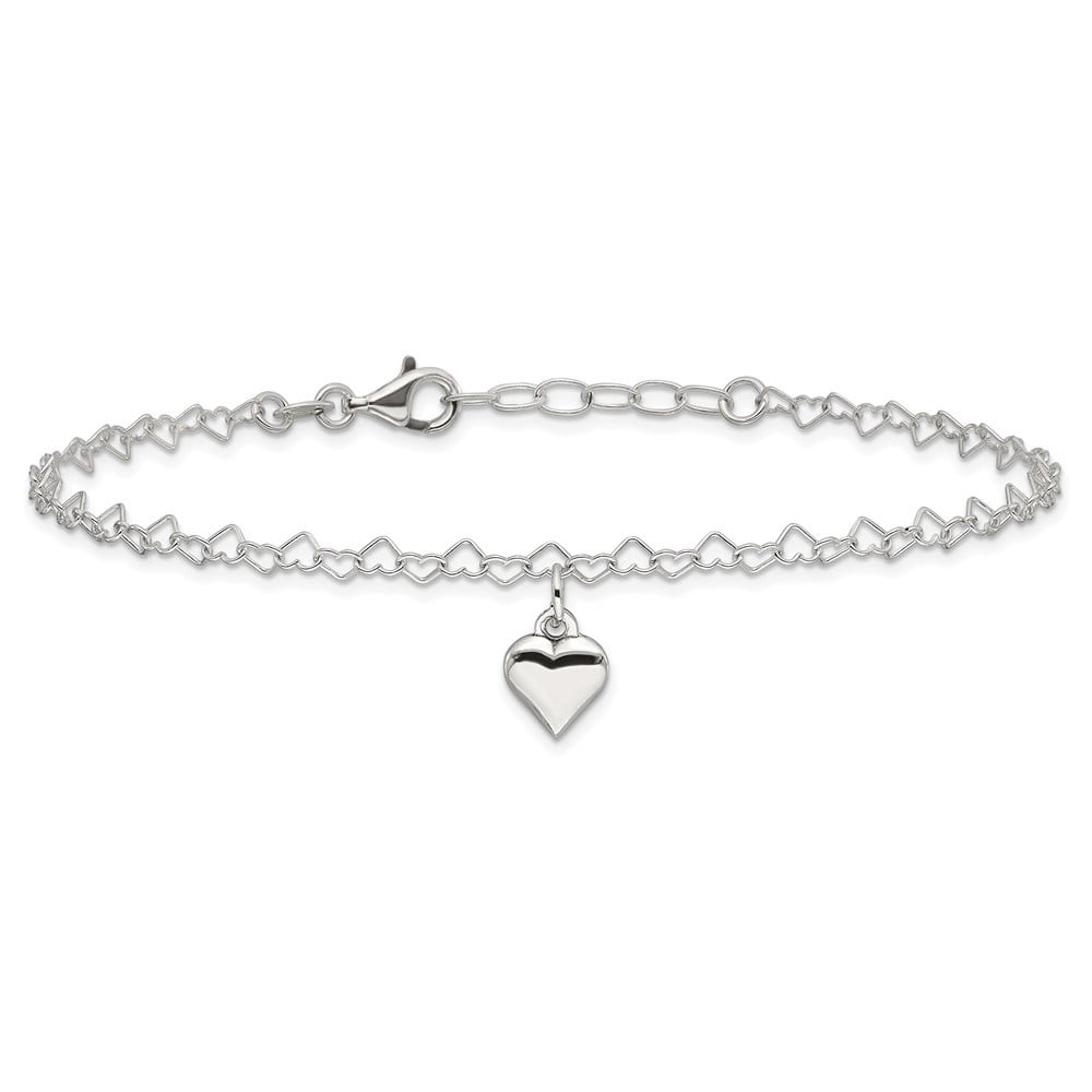 Auriga Fine Jewelry 925 Sterling Silver Fancy Link Puffed Heart Anklet 9inch for Women
