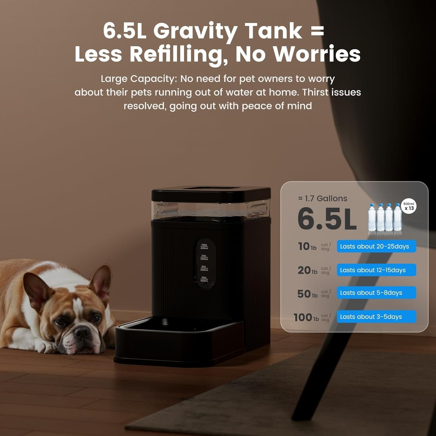 Nomipaw Automatic Dog Water Dispenser Gravity Waterer with Stainless Steel Bowl Water Dispenser 6.5L Large Capacity Water Feeder with Filters for Dogs Cats Pets, BPA-Free Noise-Free (Black, 6.5L)