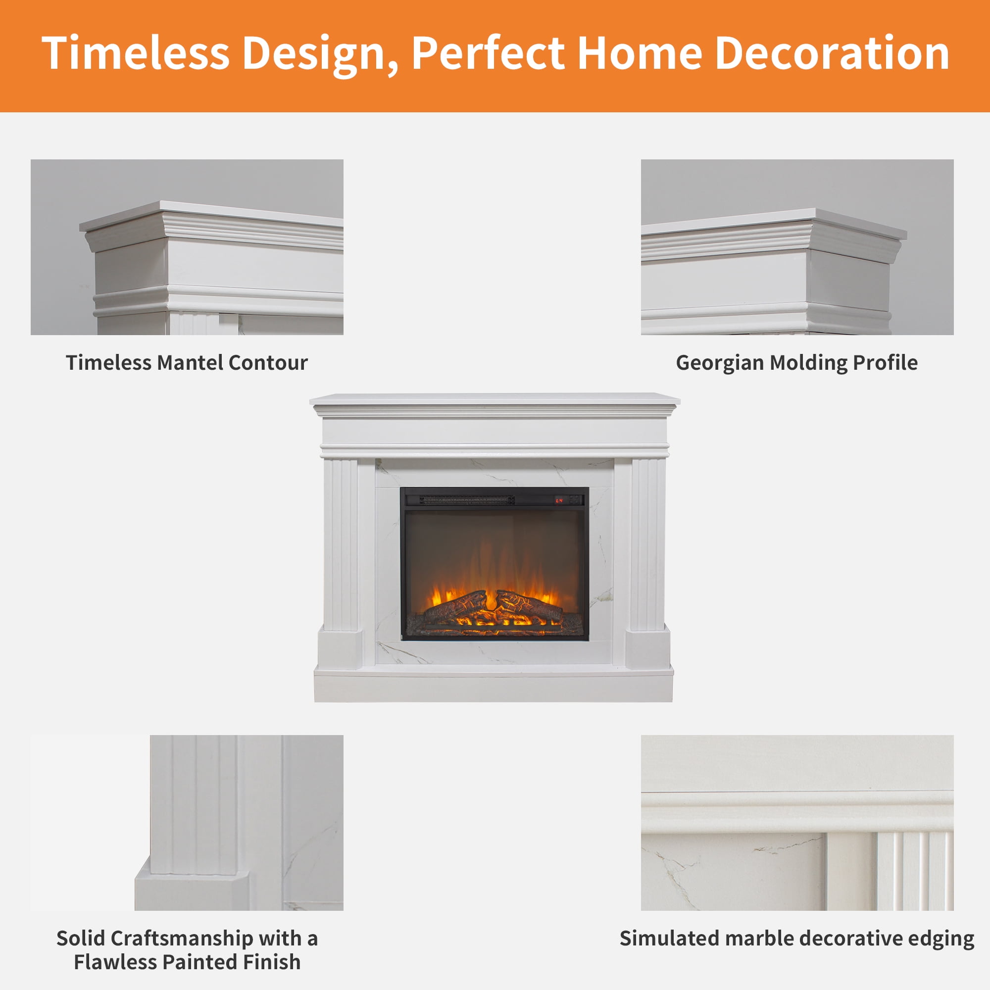 Innoflame 44" Electric Fireplace with Mantel, Freestanding Electric Fireplaces with Faux Marble, Remote, Timer, Adjustable Thermostat & Flame Brightness, White Fireplace for Living Room, 1400W