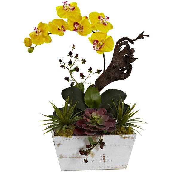 Nearly Natural Yellow Orchid and Succulent Garden with White-wash Planter