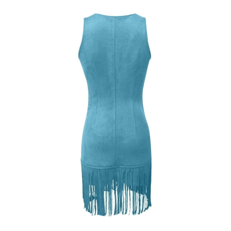 blue suede fringe dress Vintage Suede Festival Fringe Dress Recess