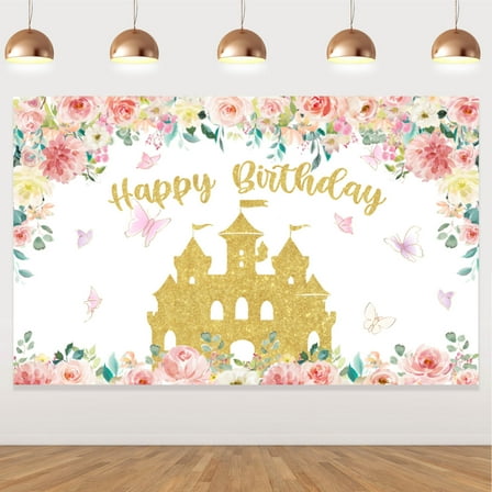 Happy Birthday Backdrop for Girl, Princess Birthday Party Decorations Supplies Princess Theme Backdrop Background Banner, Gold and Pink Royal Castle Carriage Crown Floral Photography Booth