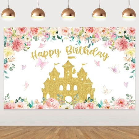 Image of Happy Birthday Backdrop for Girl Princess Birthday Party Decorations Supplies Princess Theme Backdrop Background Banner Gold and Pink Royal Castle Carriage Crown Floral Photography Booth