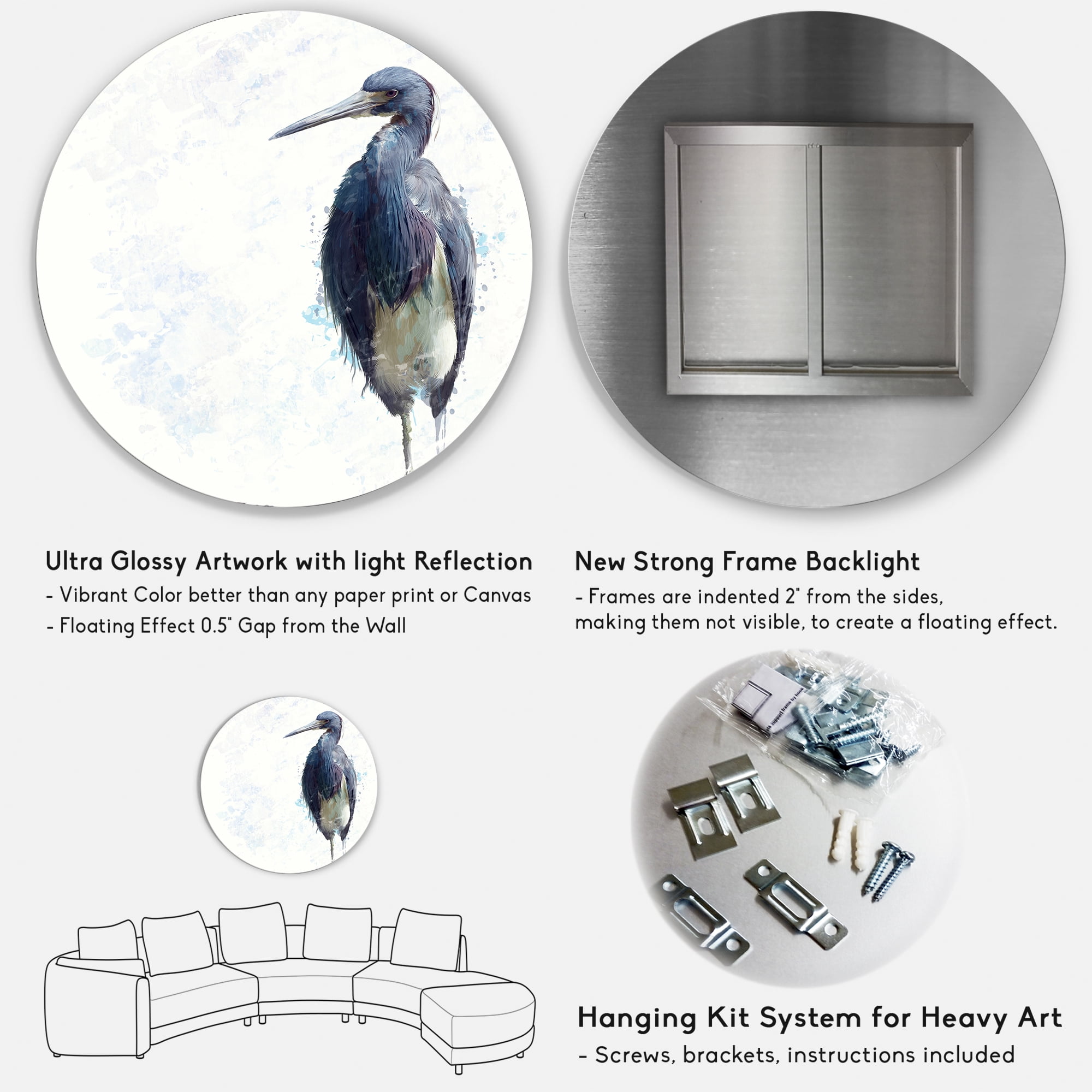 Designart 'Tricolored Heron Bird On White' Farmhouse Circle Metal Wall Art 11x11 - Disc of 11