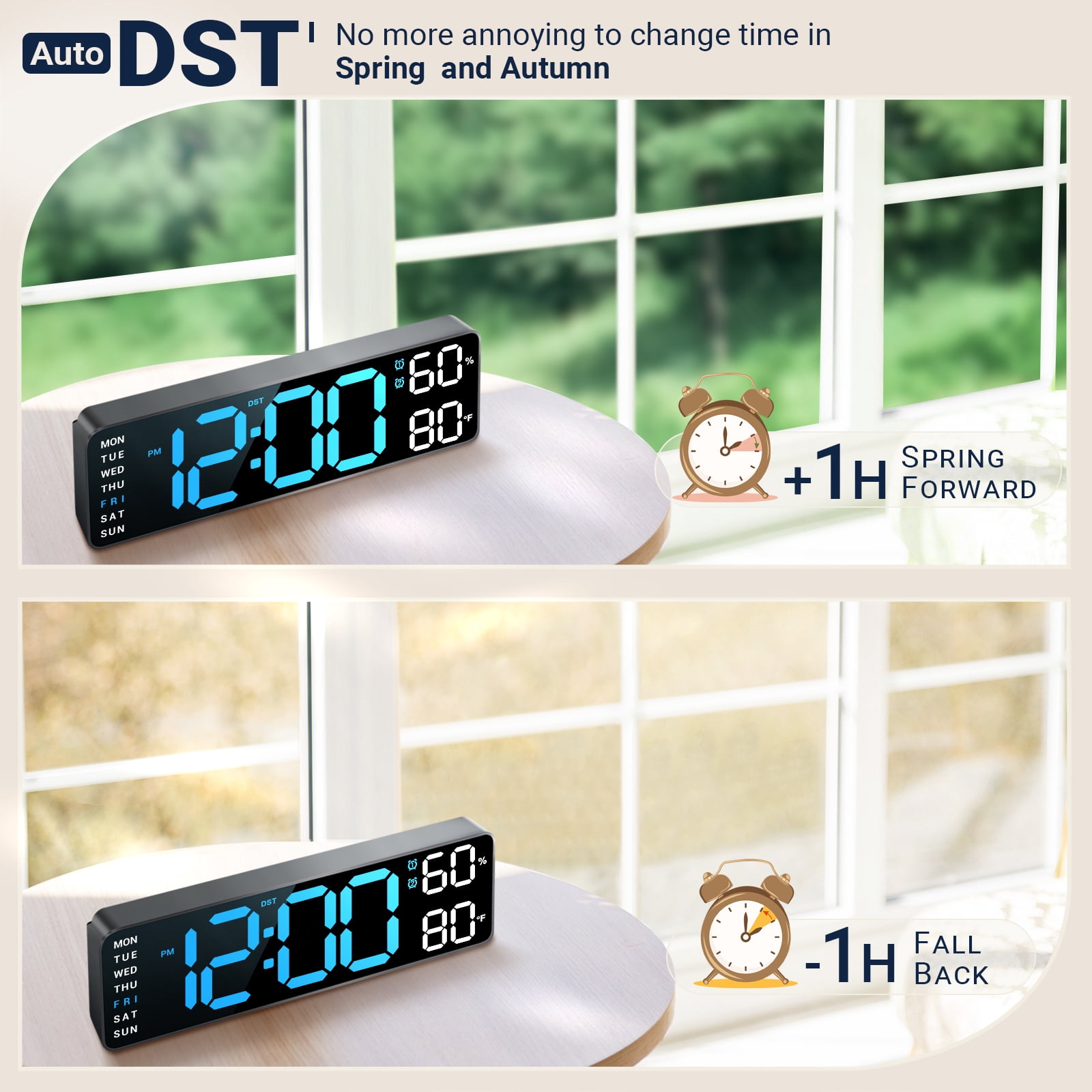 10" Digital Wall Mount Clock: Dual Alarm Wall Mount Decor Clock for Living Room Classroom Office Desk, House Warming Gifts New Home Decor, Blue