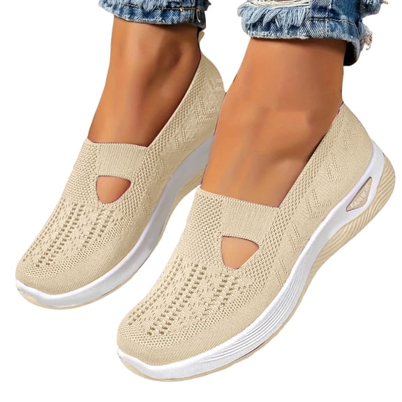 Rokment Women's Orthopedic Wedge Walking Shoes Comfortable Lightweight Knit Arch Support Platform Non Slip Work Nursing Flat Tennis Golf Sneakers Fall Beige Size 6