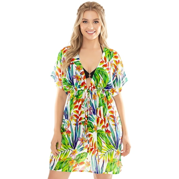 HAPPY BAY Women's Beachwear Summer Swim Beach Cover ups for Swimwear Bikini Sheer Chiffon Cover up Dress Bathing Suit Swimsuit Coverups for Women M-L Tropical Leafs, Multicolor