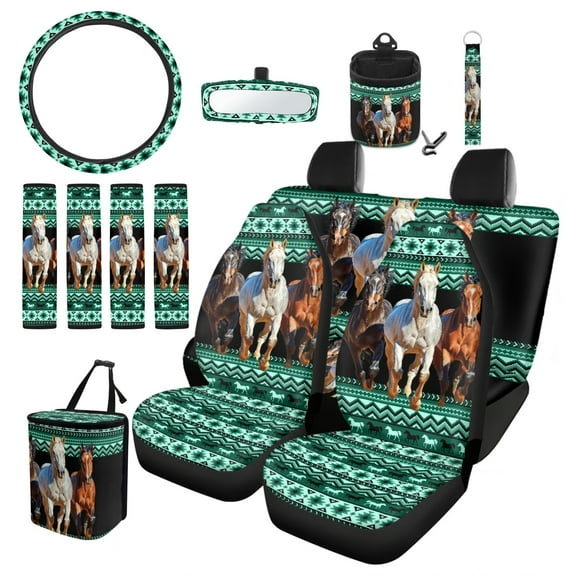 Garronmavis Aztec Horse 13 Pcs Car Accessories Set 4 Pieces Car Seat Covers Steering Wheel Cover Keychain Car Trash Can Car Dash Accessories Rearview Mirror Cover Easy to Install