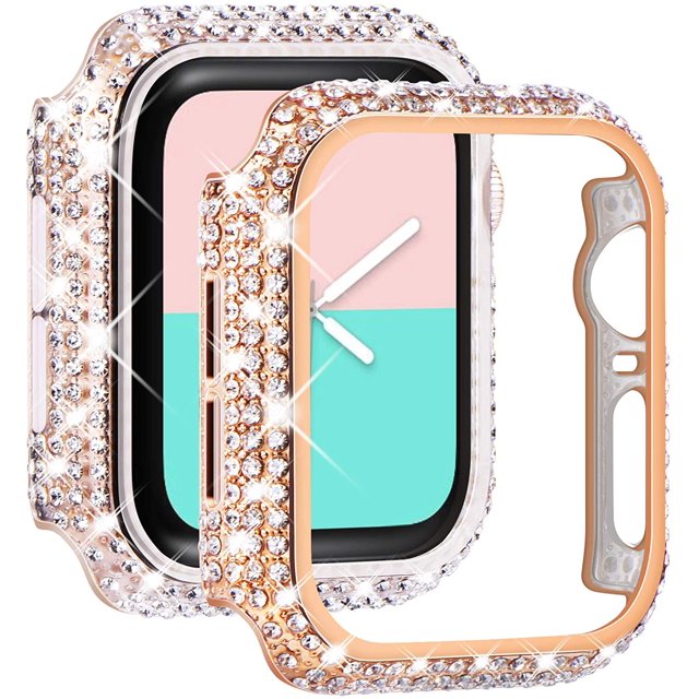 GHSDFBB 2-Pack Bling Cases Compatible for Apple Watch Case 41mm, Fully Paved Diamonds Protective Bumper for iWatch Series 7/8 (41mm, Rose Gold+Clear)