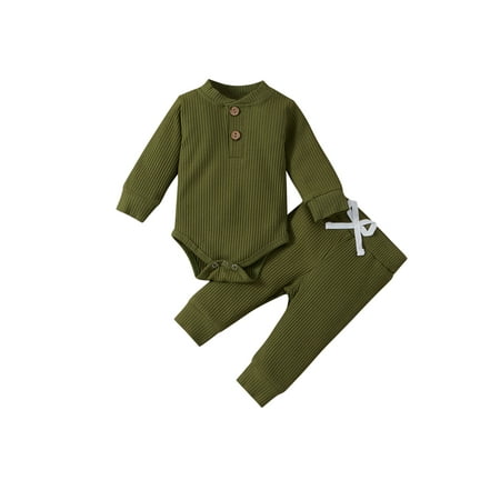 

Izhansean Newborn Infant Baby Boy Girl Winter Clothes Ribbed Solid Button Long Sleeve Tops Pants 2PCS Set Army Green 3-6 Months