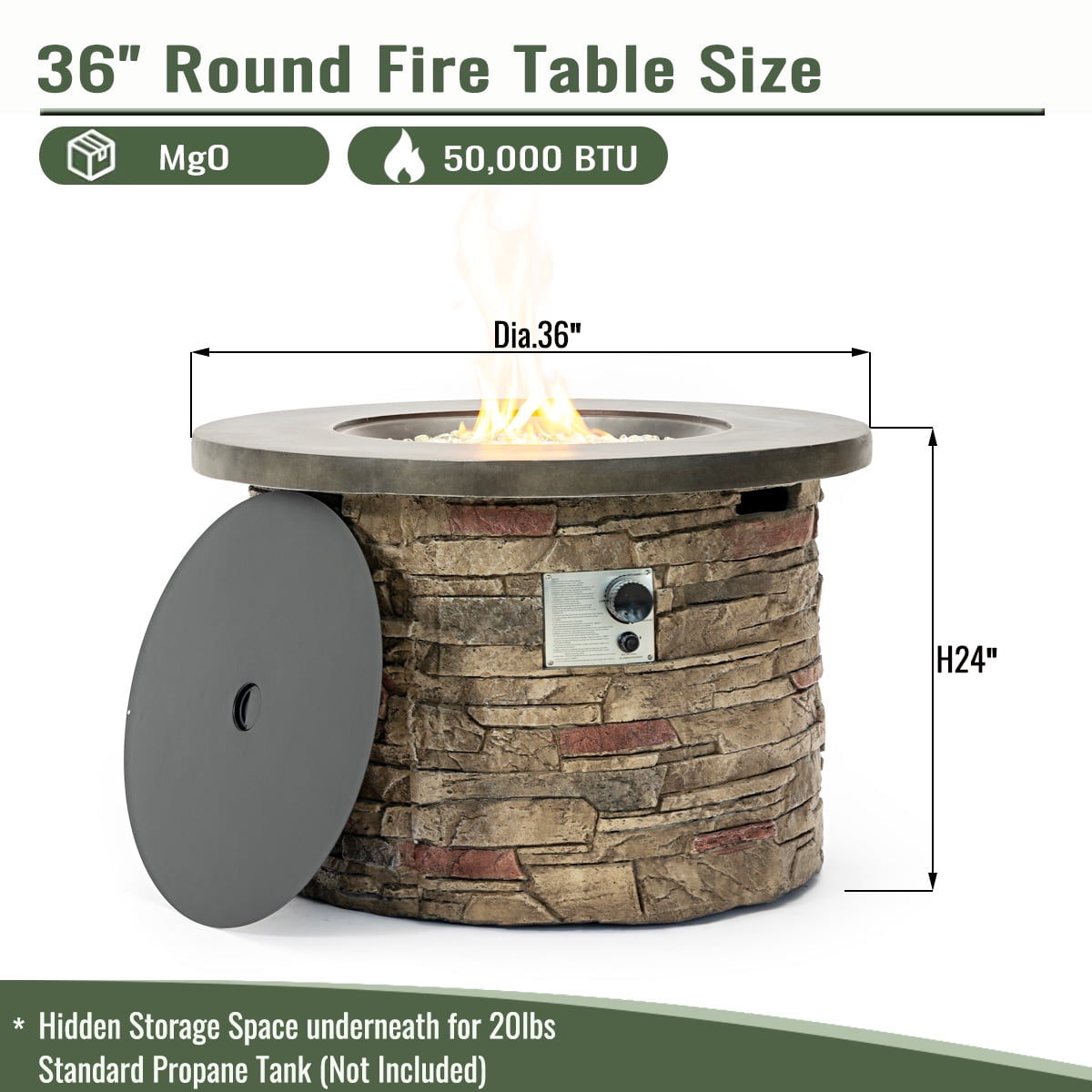 36" Propane Gas Fire Pit Table, 50,000 BTU Round Outdoor Concrete Fire Pit with Stainless Steel Burner, Pulse Ignition, Hidden Tank Storage & Lid, Optional Natural Gas Conversion for Patio, Garden