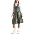 thumbnail image 2 of Vestido Midi Casual sin Mangas de Cuero Sintético con Cuello en V para Mujeres, Botones, Color Verde Oliva, 2 of 5