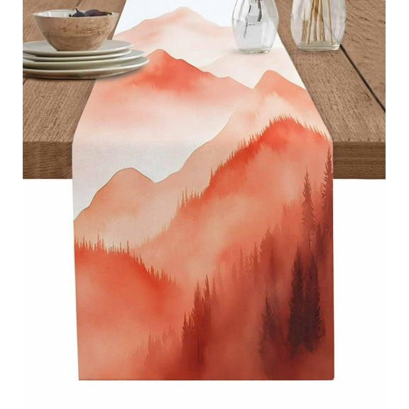 ERUNPONLY Boho Red Forest Table Runner - 70 Inch Long Modern Watercolor Mountains Trees Cotton and Linen Blended Dress Scarves Farmhouse Table Runner for Kitchen Dining, Coffee Table, 13"x70"