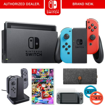 Nintendo Switch 32 GB Console w/ Neon Blue and Red Joy-Con (HACSKABAA) + Nintendo Mario Kart 8 + Joy-Con Charging Dock + 2-Pack Screen Protector + 2-Pack Steering Wheel , Blue/Red + Protective
