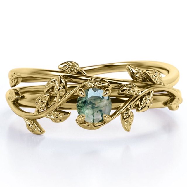 JeenMata Anillo de Bodas Solitario de Ágata Verde Musgo Natural de Forma Redonda de 0,50 Quilates con Diseño Botánico Engastado en Oro Amarillo de 18 K sobre Plata
