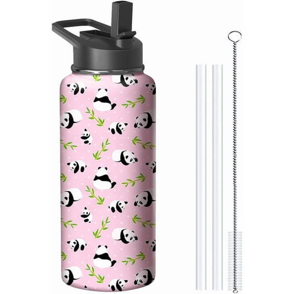 18oz Pink Panda Water Bottle with Handle and Flip Straw, Sports Stainless Steel Insulated Cup Travel Coffee Mug Tumbler, Birthday Mothers Day Chritmas Gifts for Women