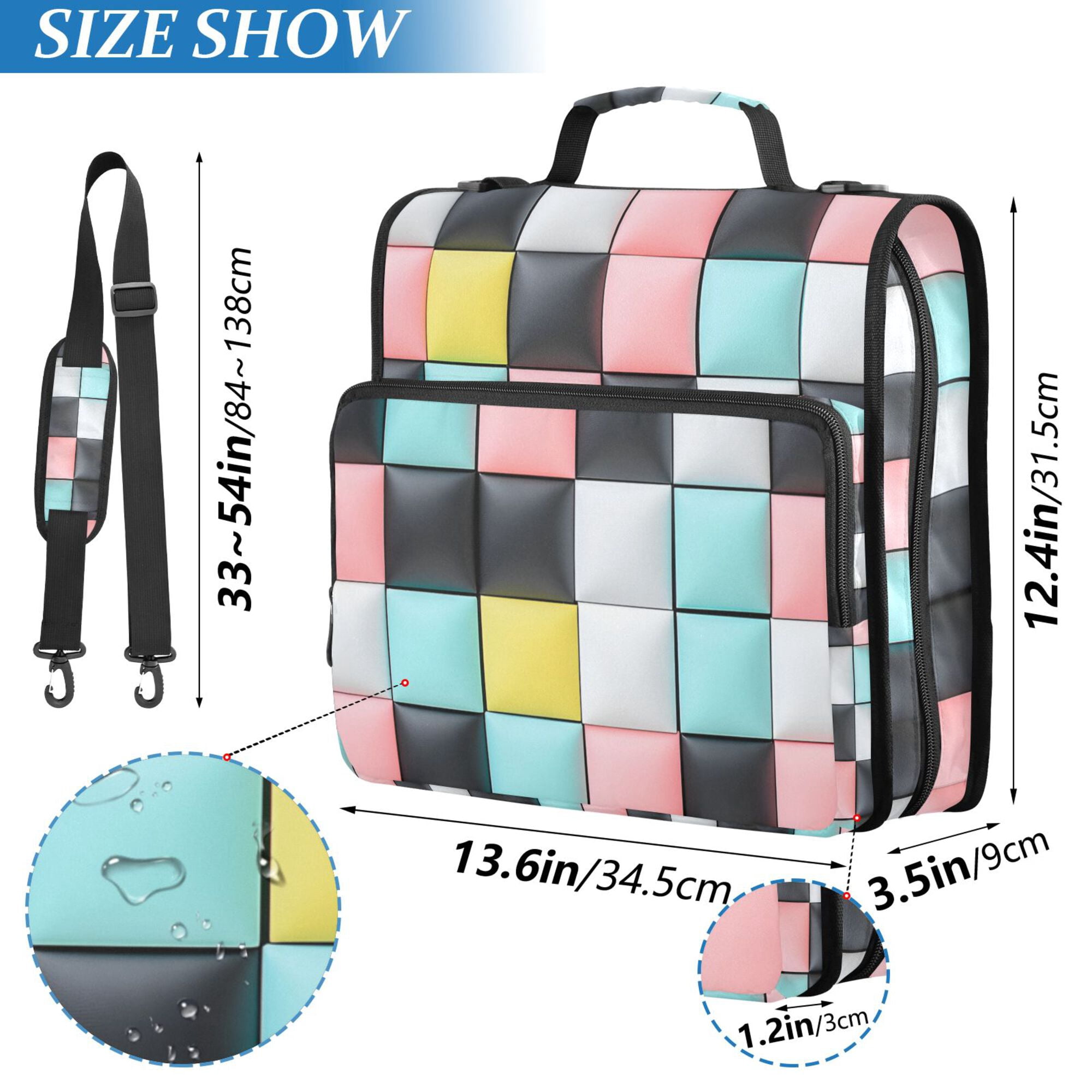 FORMRS Zipper Binder with Shoulder Strap 2-inch Ring 500 Sheet Capacity File Bag, Gray Checkered Pattern