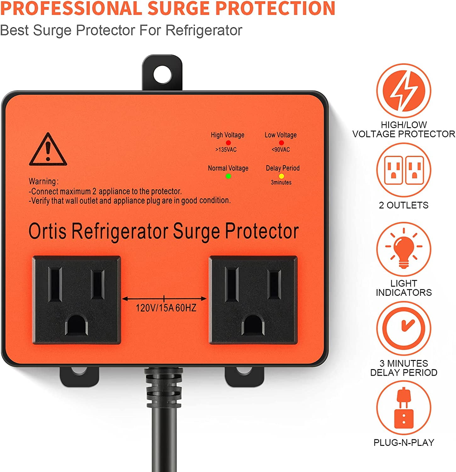 Ortis Refrigerator 2-Outlet Surge Protector, Black