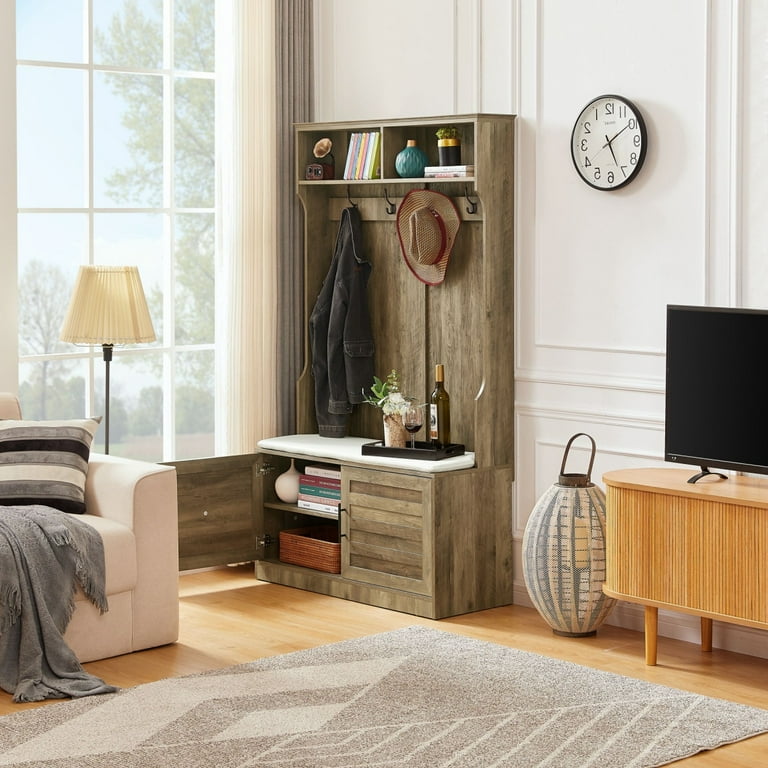 Entryway Hall Tree, Freestanding Coat Rack with Bench and Shoe