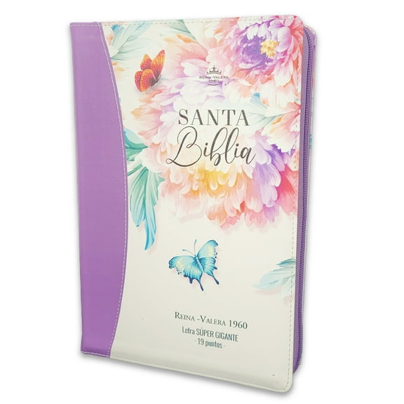 Biblia para Mujer con Cierre Letra Super Gigante 19 puntos Mediana RV1960 imit piel floral lila con indice y canto floral