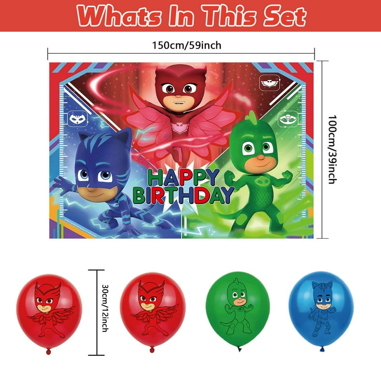 32 Pcs For PJ Masks Party Decoration Set – Includes Backdrop, 18 Balloons, and 13 Cupcake Toppers for Themed Celebrations