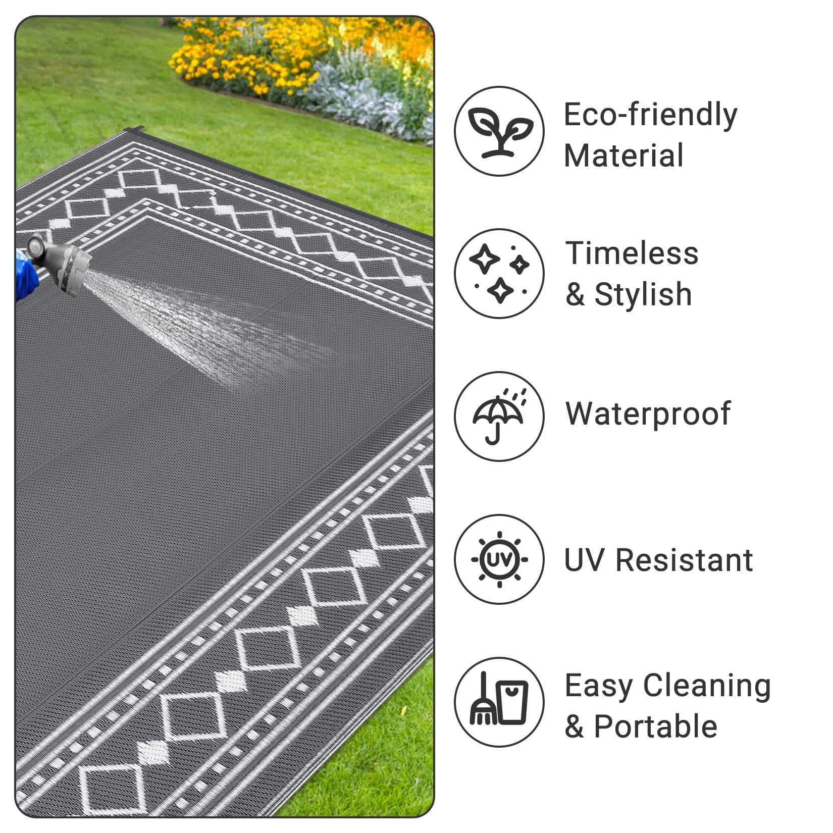 Memoryfield Outdoor Rug 9' x 18' Waterproof Patio Rug, Reversible Plastic Outside Carpet for RV Camping Deck Balcony Porch, Gray