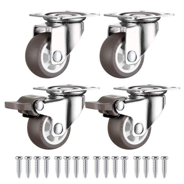 Ruedas giratorias Apuakthei con freno, ruedas de goma para muebles de 25 mm con capacidad de 44 kg, ruedas para muebles, ruedas industriales, 2 con frenos + 2 sin frenos, color gris
