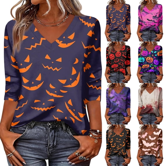 Halloween Shirts for Women Skeleton Castle Print V-Neck Casual T-Shirt Candy Loose Fit 3/4 Sleeve Cute Fall Tops 2XL