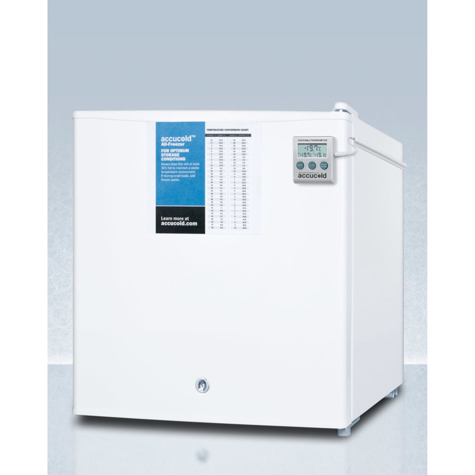 Compact all-freezer, manual defrost with a lock and NIST calibrated thermometer
