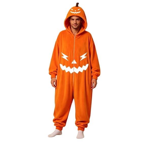 YUEHUA Soft Plush Halloween Jumpsuit, Unisex Hooded Loungewear, Thick Full Zip Onesie, Vivid Pumpkin Face Loose Oversized Breathable Night Clothes