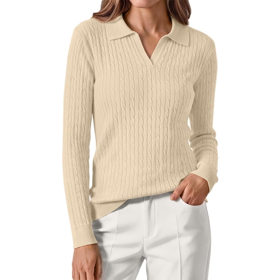 Sundazz Womens Cable Knit Sweaters Long Sleeve V Neck Pullover Fall Winter Sweater Tops Casual Polo Shirts