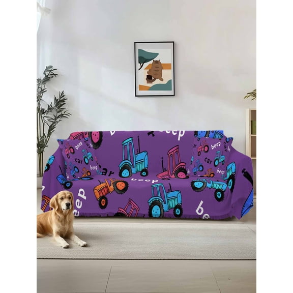 Cartoon Tractor Couch Cover for 2 Cushion Sofa, Cute Beep Car Digger Shovel Truck Purple Washable Loveseat Sofa Covers Slipcover for Sectional Sofas L-Shaped, Couch Throw Cover 71"x118"
