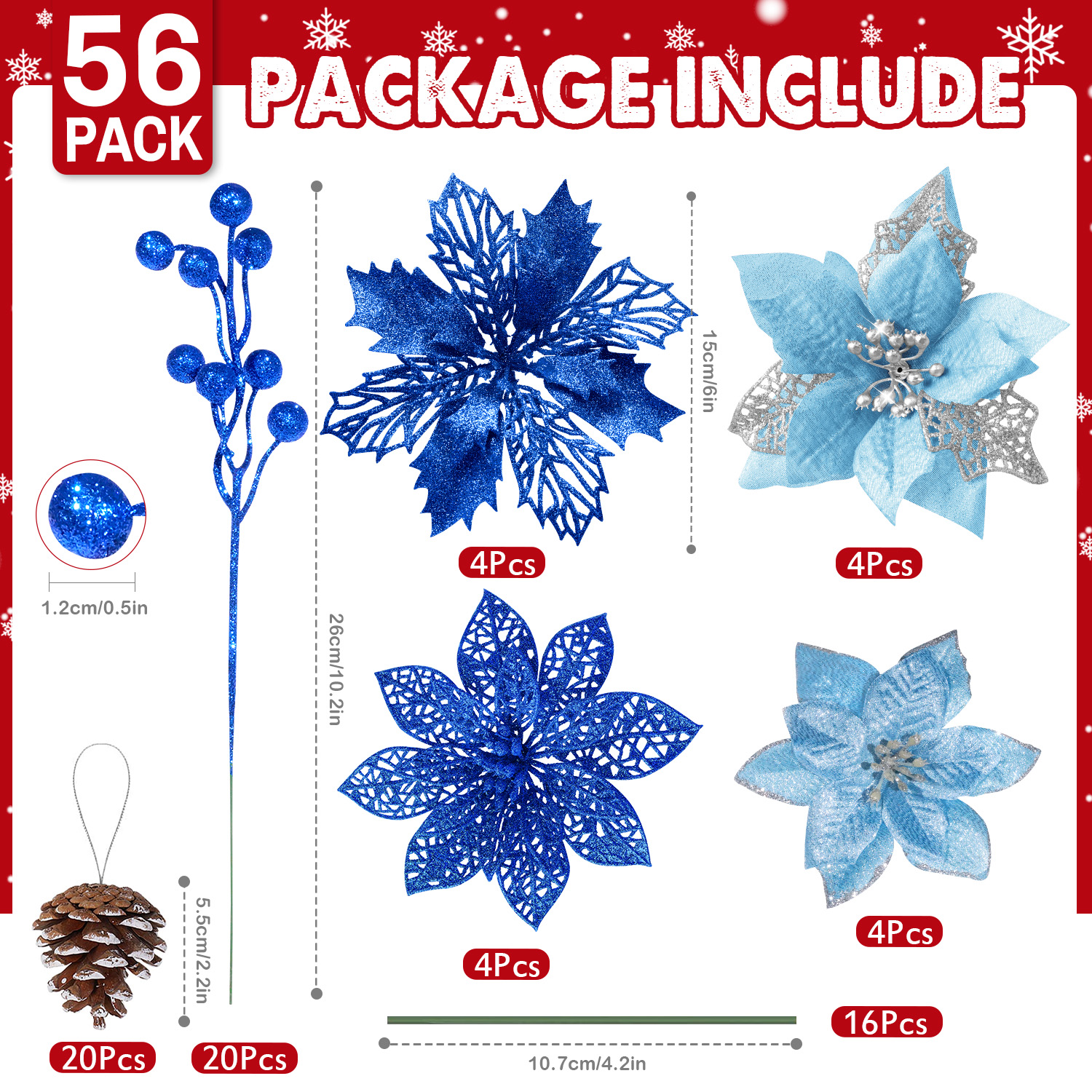 Ayieyill 56-Piece Christmas Decoration Set, Blue Poinsettia photo 2