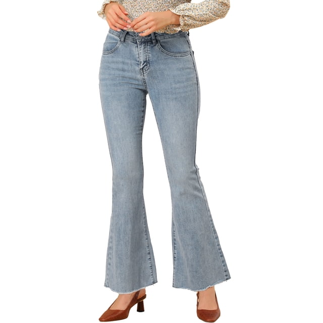 Jeans de mezclilla de pierna ancha Allegra K con bolsillo oblicuo de cintura alta para mujer Azul XL