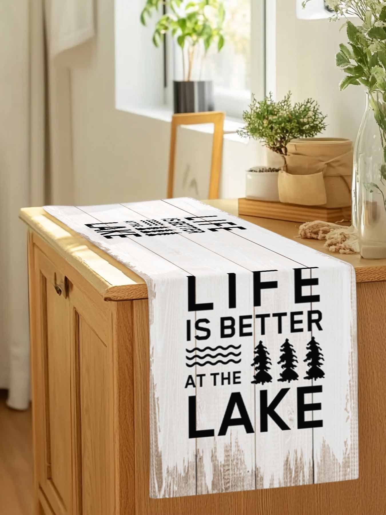 Summer Quotes Lake and Forest Table Runner 90 Inches Long, Farm Wooden Frain Table Runners Tabletop Scarf Kitchen Dining Tables Decoration for Home Party Indoor Outdoor
