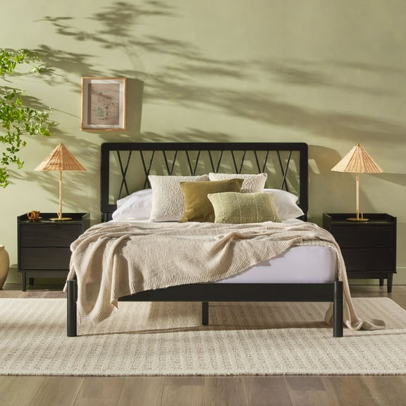 X Spindle Mid-Century Modern Solid Wood Queen Bed, Black