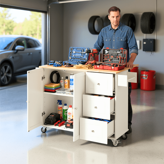 Homy Casa 52" Rolling Garage Storage Cabinet with 3 Drawers, Adjustable shelf, for Garage Party, White