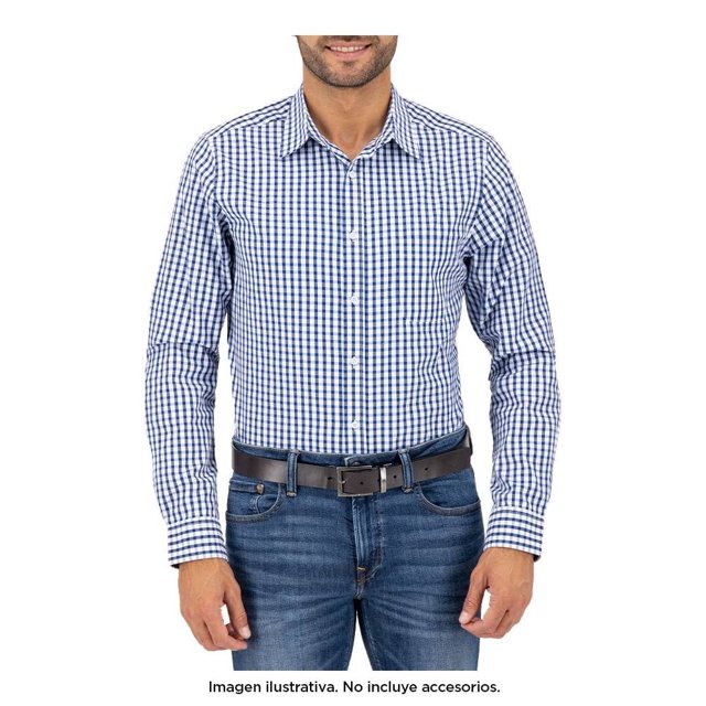 Camisa George Talla CH Casual Manga Larga de Cuadros Blanco con Azul Marino