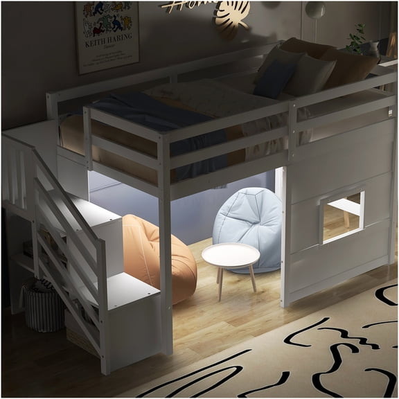 Twin Size Loft Bed with Stairs, Storage Drawers & Safety Window, White Bunk Bed with LED Light, Solid Wood Frame for Boys Girls