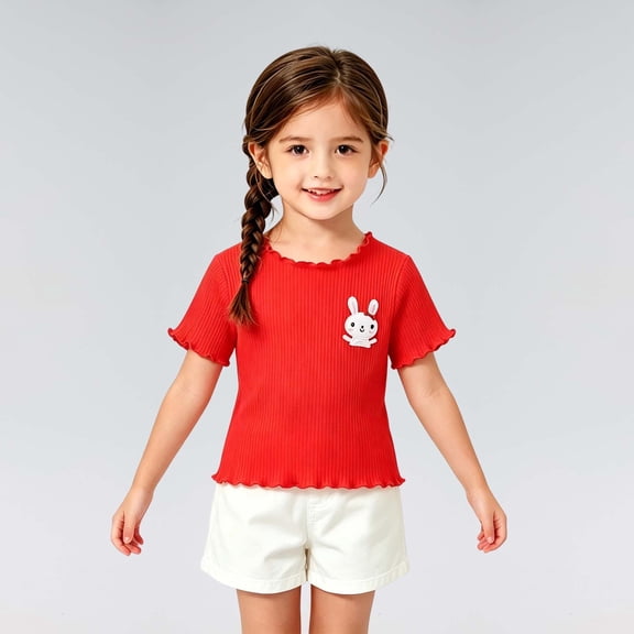 Girls Tshirts Lettuce Lightweight Cartoon Print Crew Neck Short Sleeve Tee for Everyday Wear Girls' Tops Tees Blouses Red 2 Years-3 Years