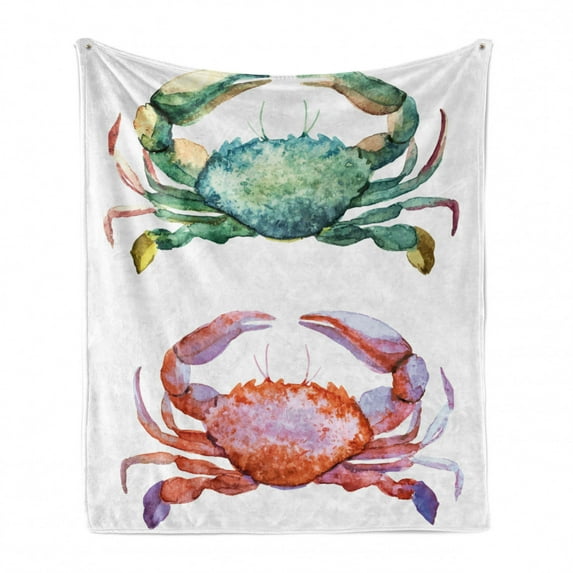 Crabs Soft Flannel Fleece Blanket, Watercolor Style Effect Sea Animal Theme Pattern Illustration of Crabs Artwork Print, Cozy Plush for Indoor and Outdoor Use, 50" x 60", Orange Teal, by Ambesonne