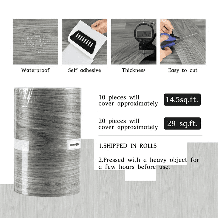 Lxcreat 20Pcs Peel and Stick Floor Tile 35-in x 6-in Gray Wood Grain Self Adhesive and Waterproof for Bathroom, Kitchen, Living Room, Bedroom